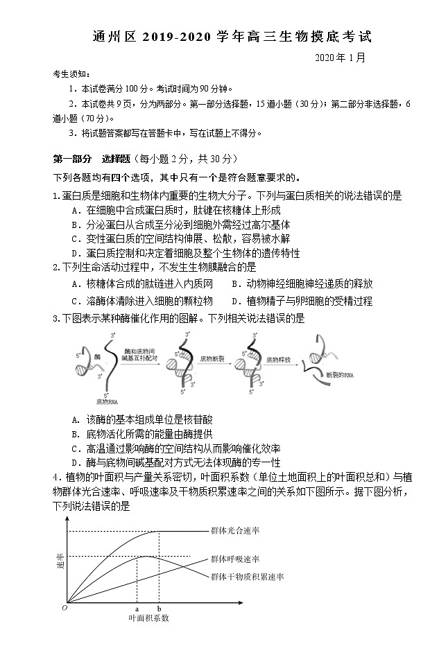 北京市通州区2020届高三上学期摸底（期末）考试生物试题01