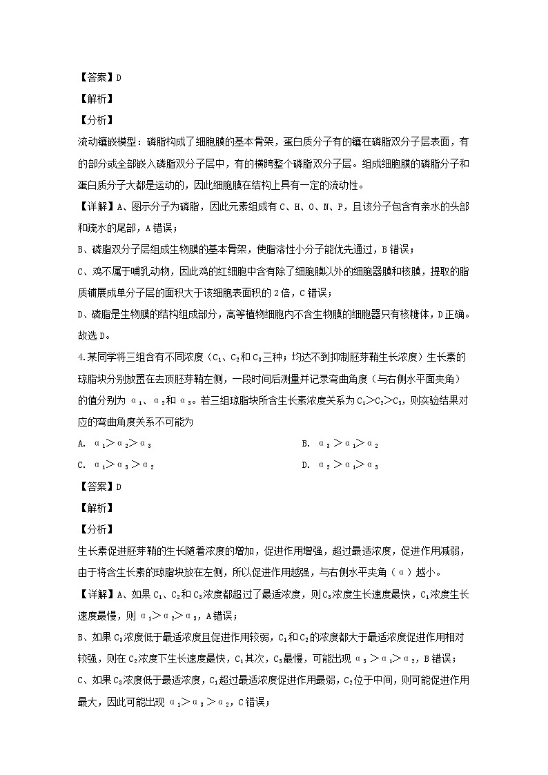 湖北省荆门市2020届高三上学期期末（1月）调研理综生物试题03