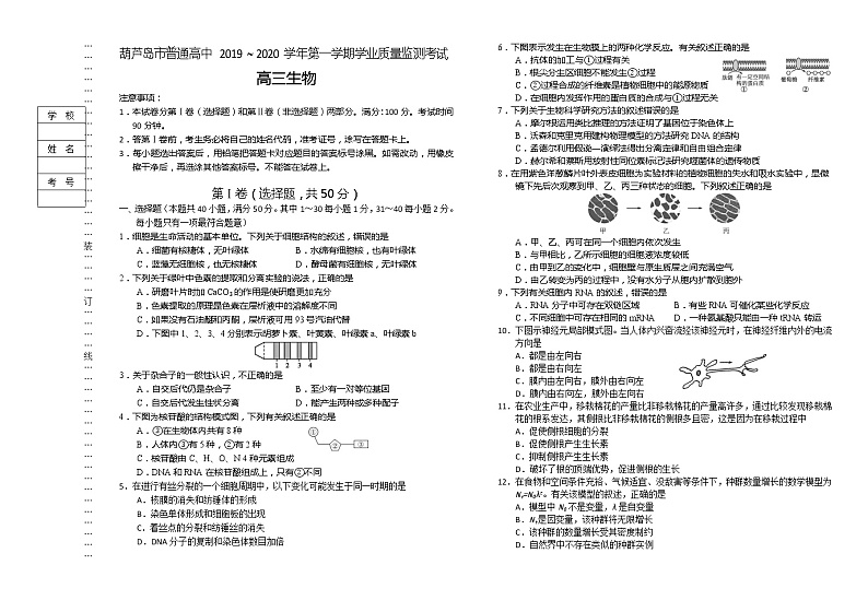 辽宁省葫芦岛市普通高中2020届高三上学期学业质量监测（期末）生物试题01