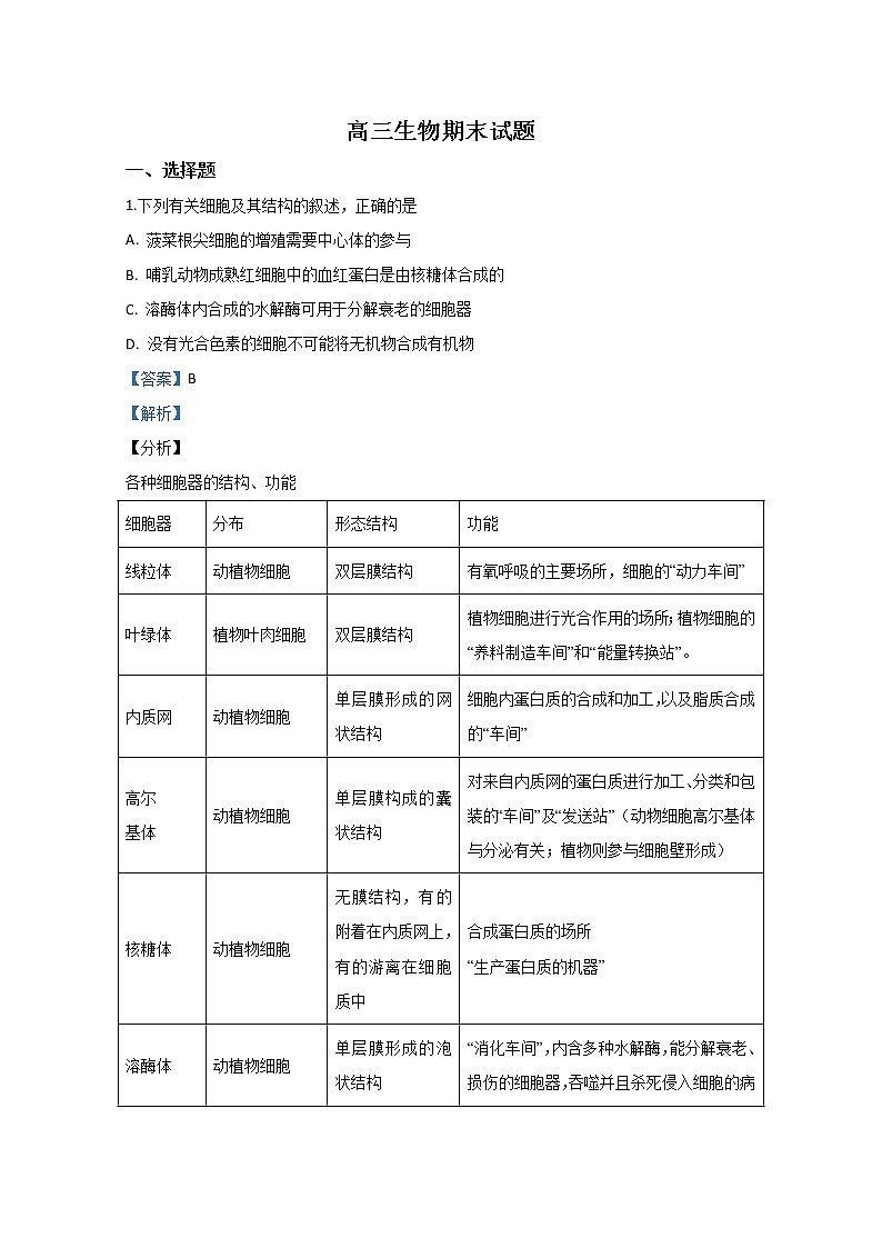 宁夏中卫市海原县一中2020届高三上学期期末考试生物试题01