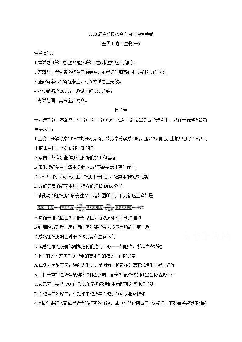 2020届百校联考高考百日冲刺金卷全国Ⅱ卷 生物（一）01
