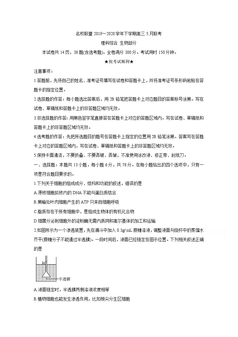 河南省2020届高三下学期5月联考试题　生物01