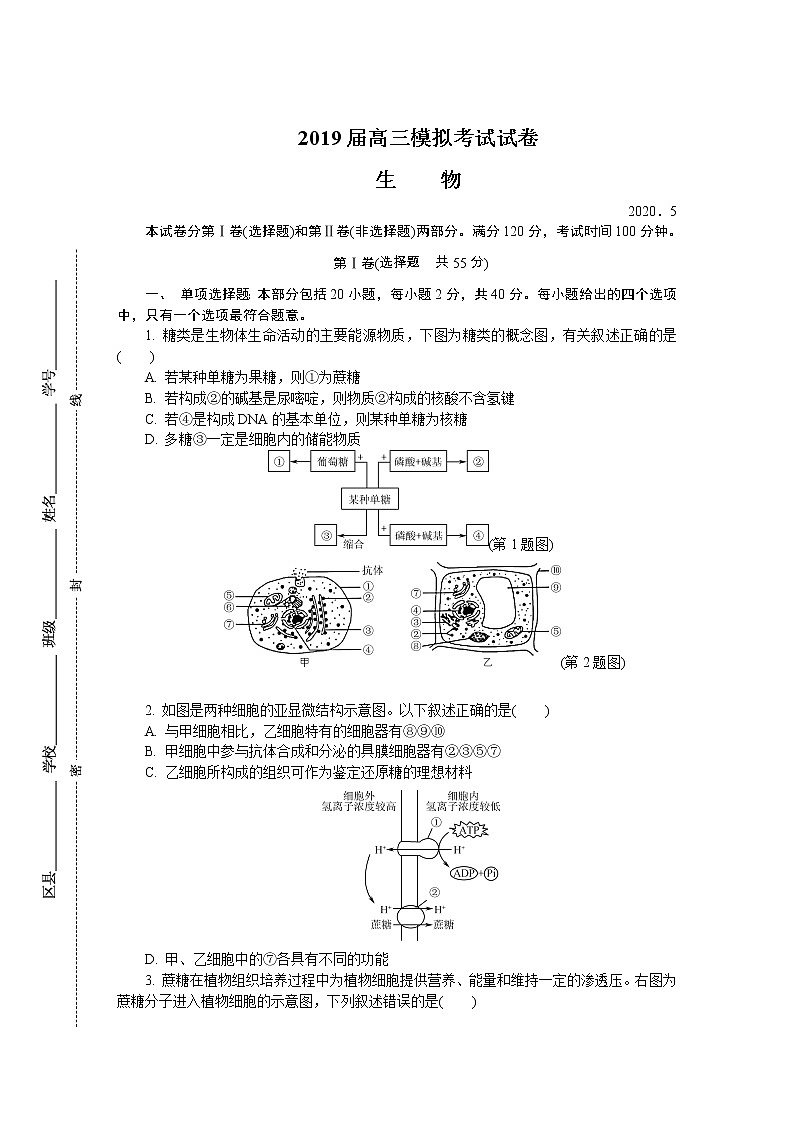 江苏省南京市六校联合体2020届高三下学期5月联考试题 生物01