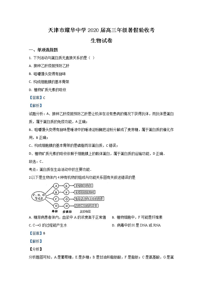 天津市耀华中学2020届高三上学期开学考试生物试题01
