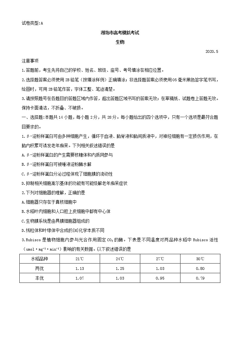 山东省潍坊市2020届高三高考模拟考试生物试题01