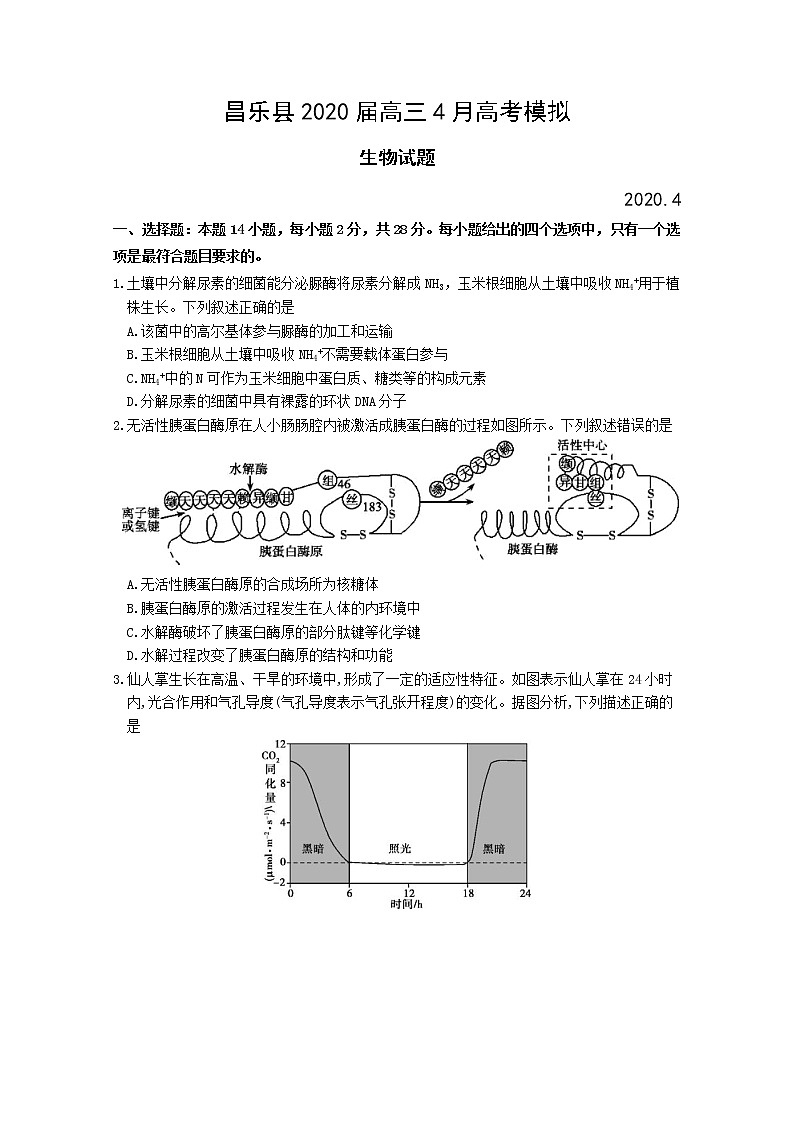 山东省潍坊市昌乐县2020届高三4月高考模拟生物试题01