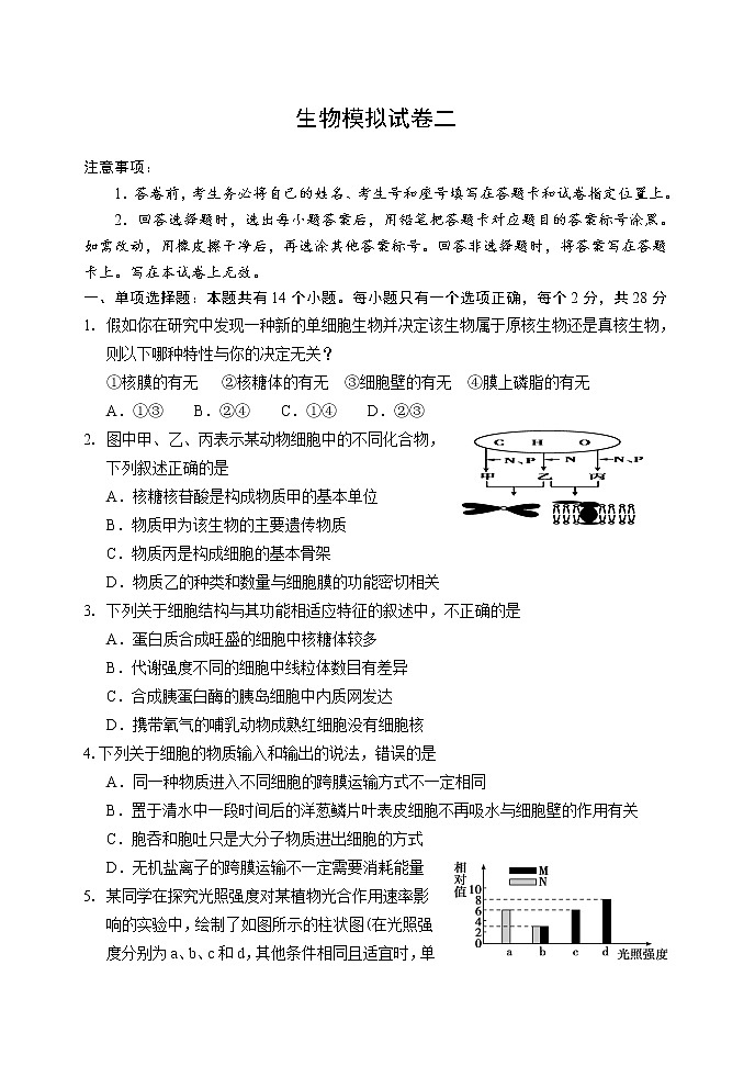 山东省潍坊市临朐县2020届高三下学期综合模拟考试生物试题（二）01