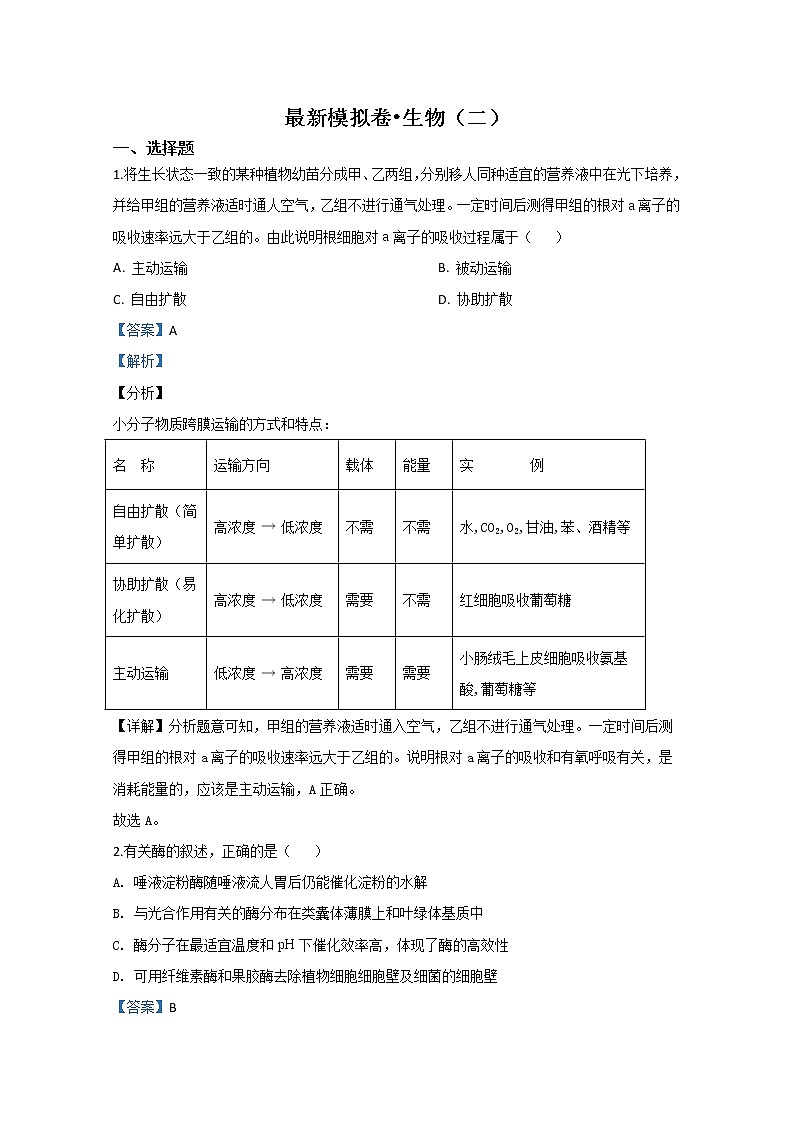 山东省新高考2020届高三最新模拟卷二生物试题01