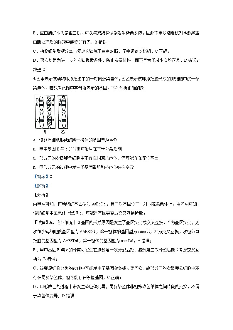 陕西省西安中学2020届高三第六次模拟生物试题03