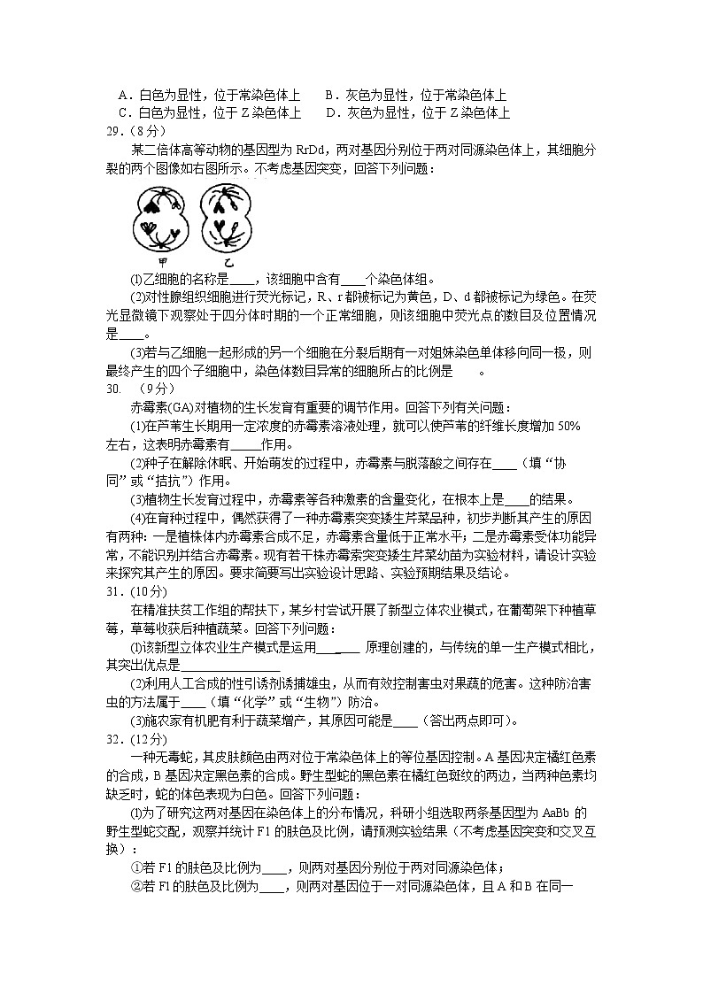 四川省绵阳市高中2020届高三高考适应性考试（四诊）理综生物试题02