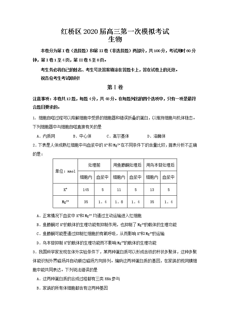 天津市红桥区2020届高三第一次模拟考试生物试题01