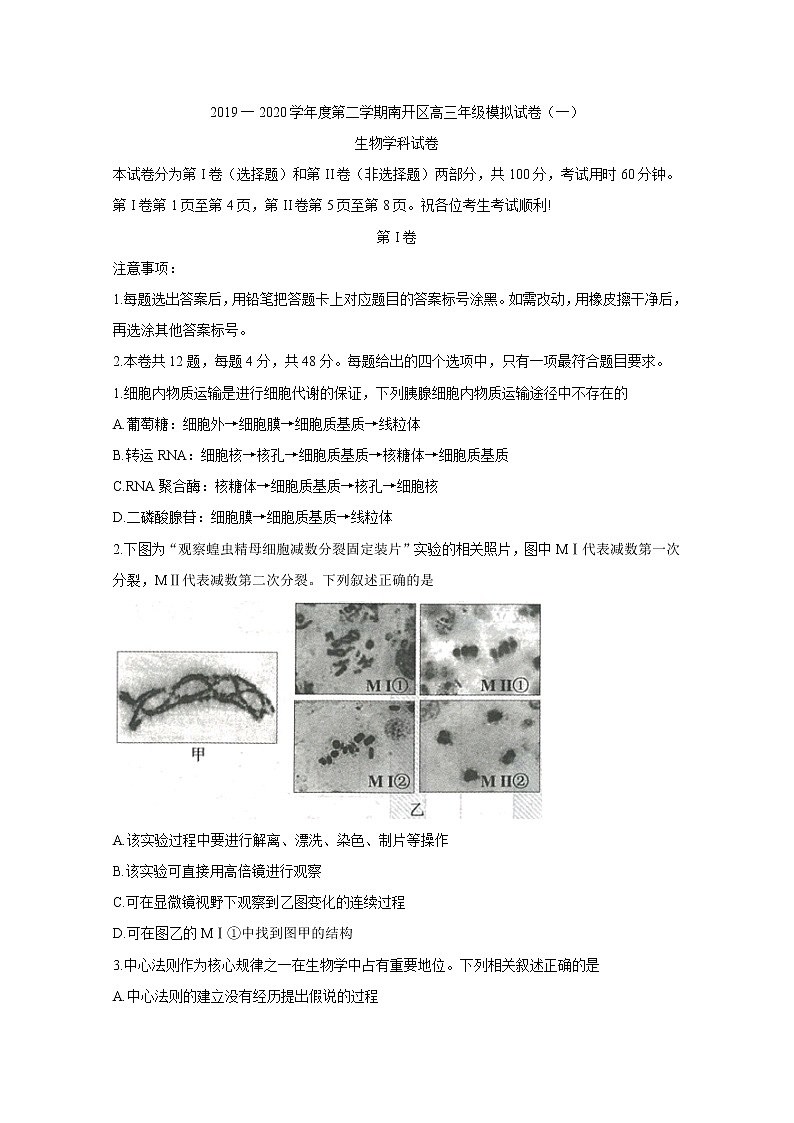 天津市南开区2020届高三高考模拟理科综合测试（一）生物试题01