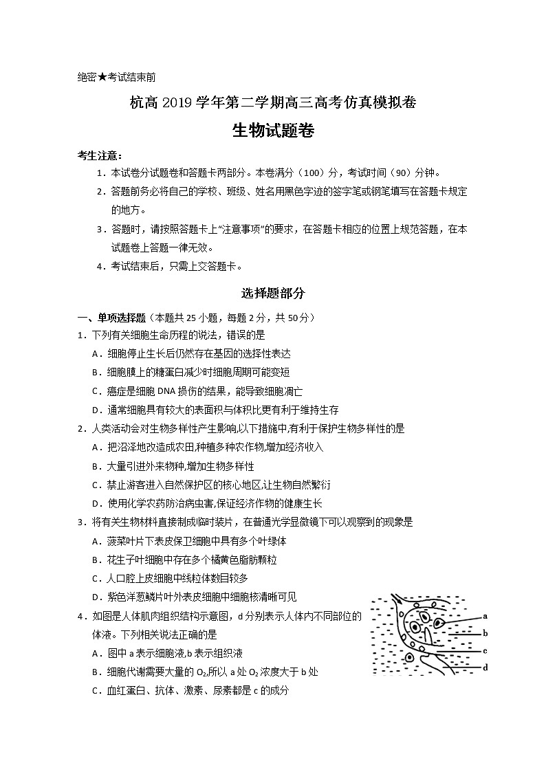 浙江省杭州高级中学2020届高三仿真模拟考试生物试题01