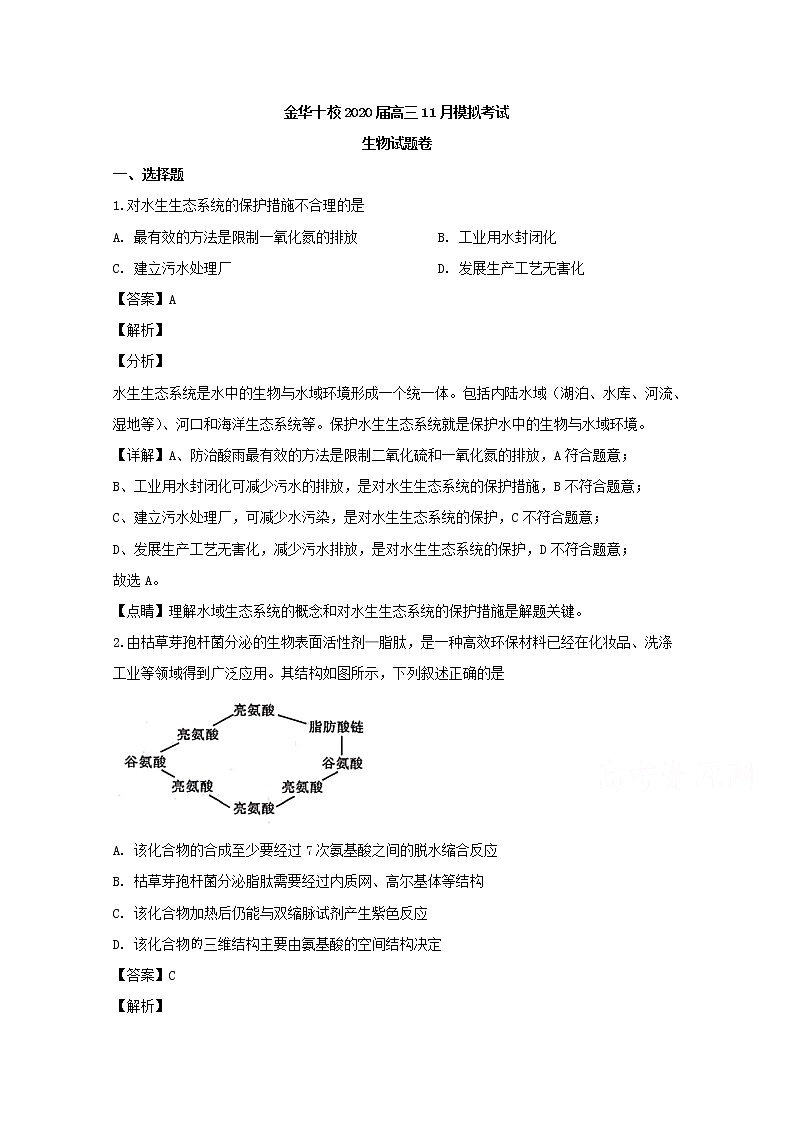 浙江省金华十校2020届高三（11月）模拟考试生物试题01