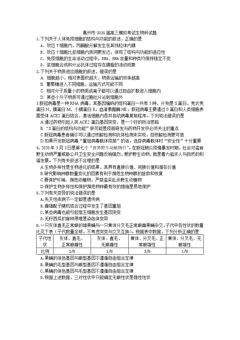 广东省惠州市2020届高三6月模拟考试生物试题01