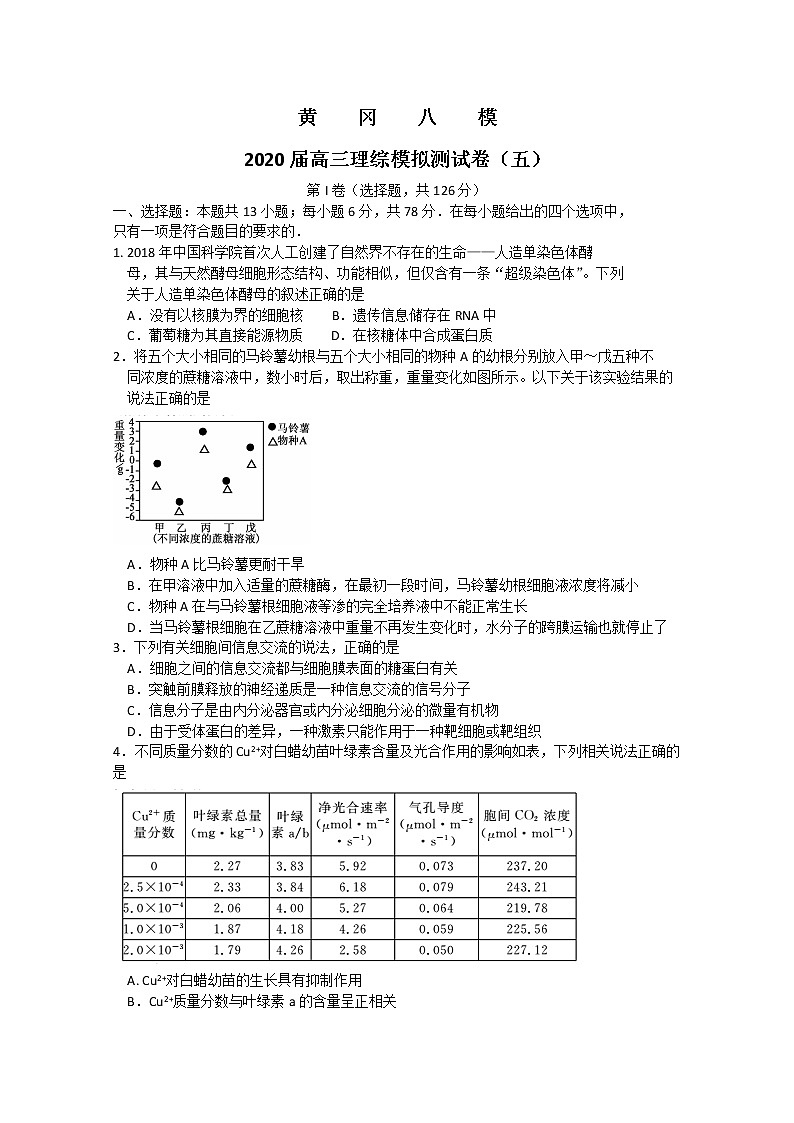 湖北省黄冈八模系列2020届高三模拟测试（五）生物试题01