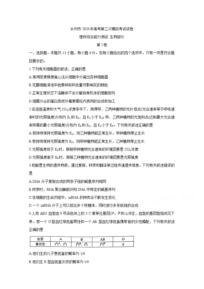 湖南省永州市2020届高三第三次模拟考试　生物01