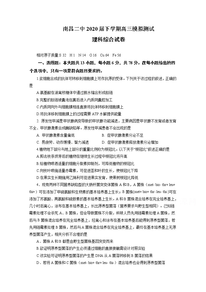江西省南昌市第二中学2020届高三5月模拟生物试题01
