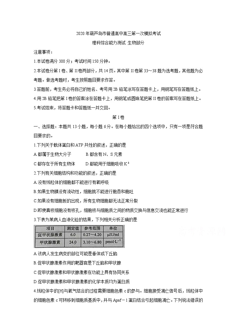 辽宁省葫芦岛市2020届高三下学期第一次模拟考试 生物01