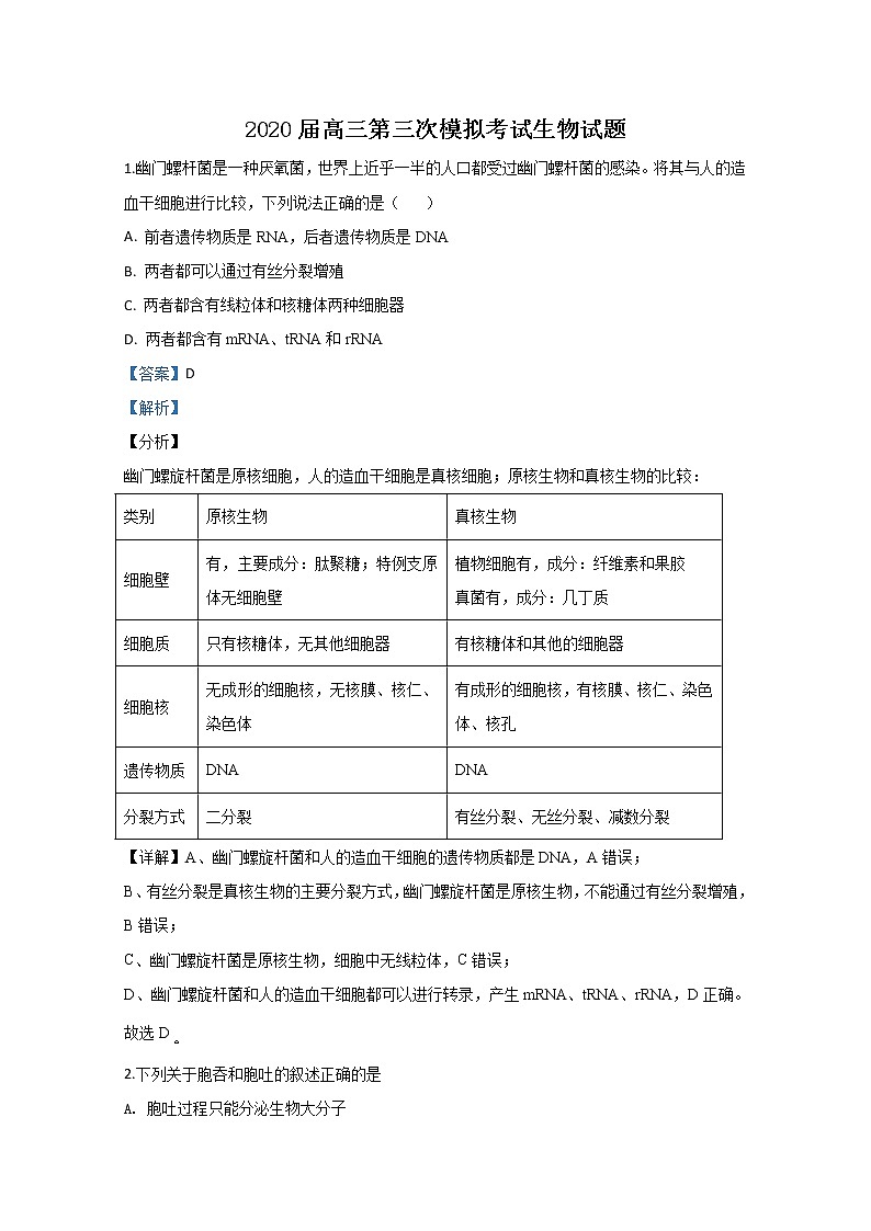 宁夏石嘴山市三中2020届高三第三次模拟生物试题01