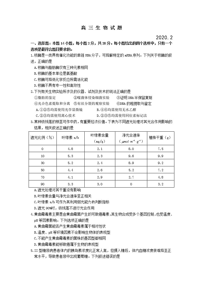 山东省2020届高三普通高等学校招生全国统一考试模拟卷生物试题01