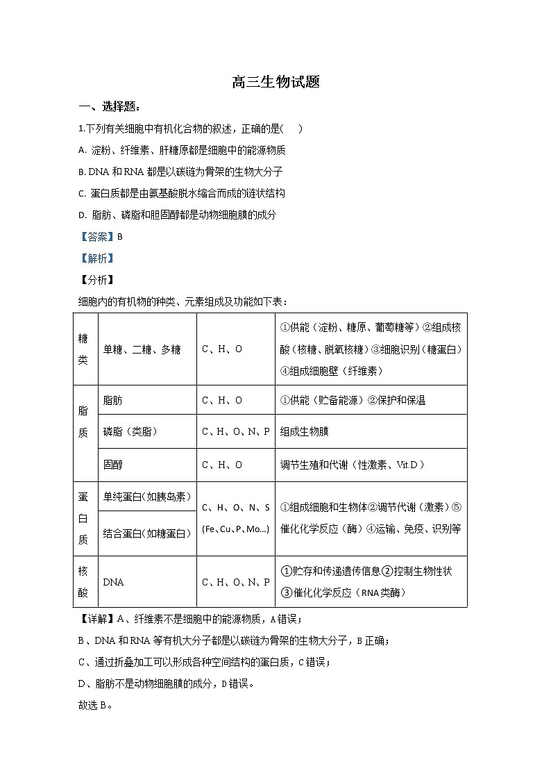 山东省济南外国语学校2020届高三模拟生物试题01