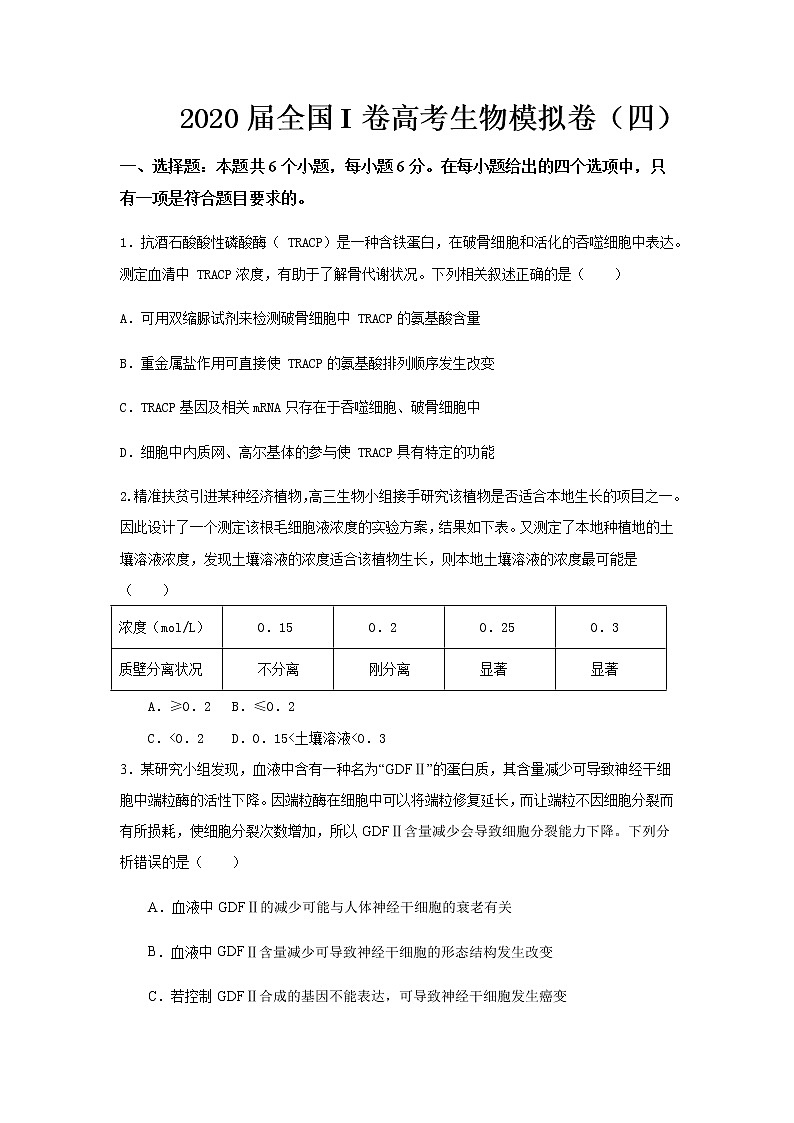 2020届全国I卷高考考前生物模拟卷四01
