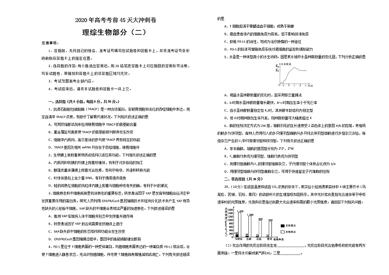 2020年高考考前45天大冲刺卷 理综生物部分二01