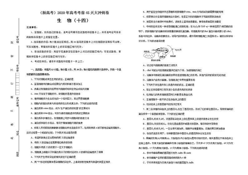 2020年高考考前45天大冲刺卷 理综生物部分十四01