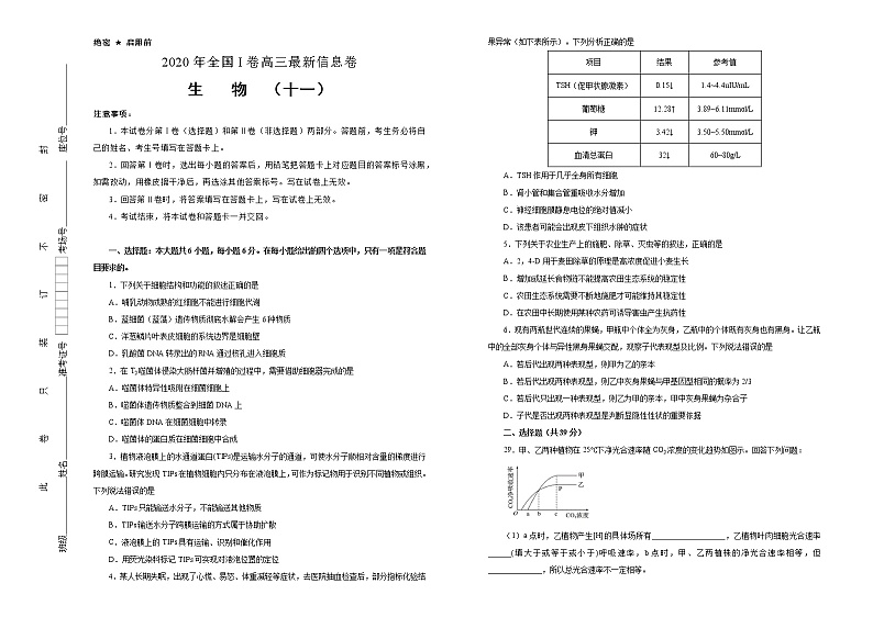 2020年高考全国I卷高三最新信息卷 生物（十一）01