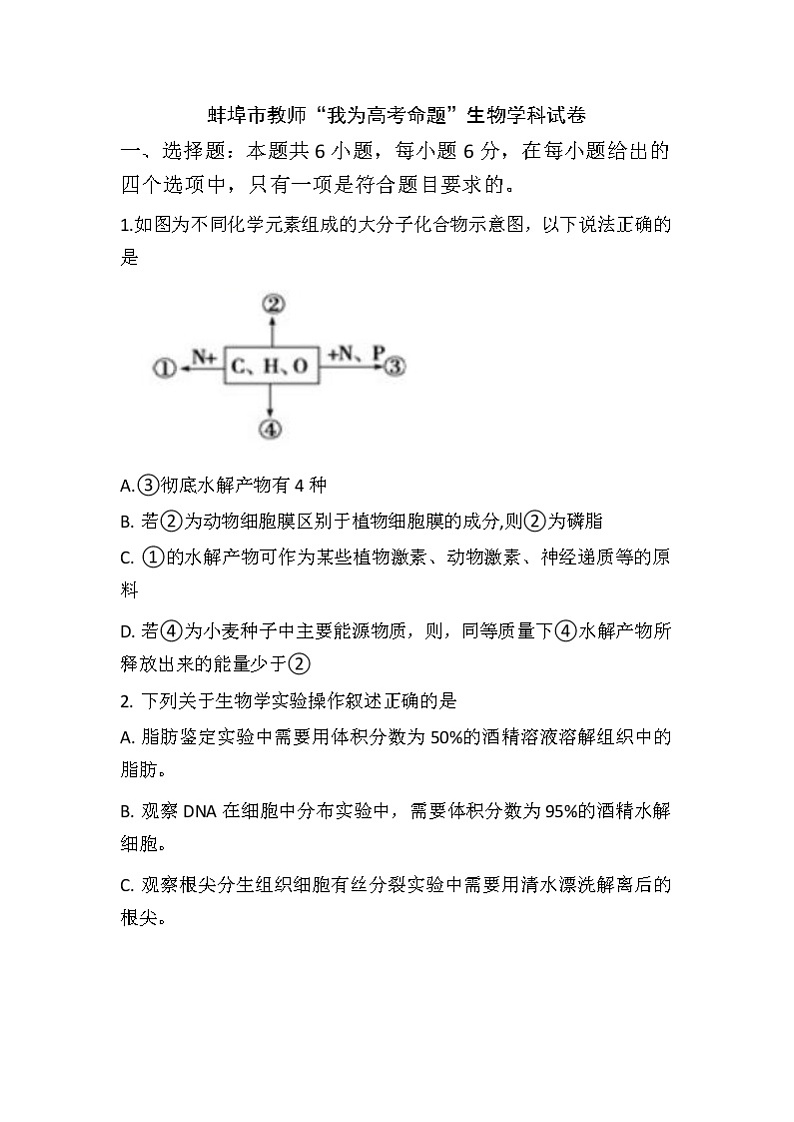 安徽省蚌埠市教师2020届高三仿真模拟生物试题（蚌埠二中2）01