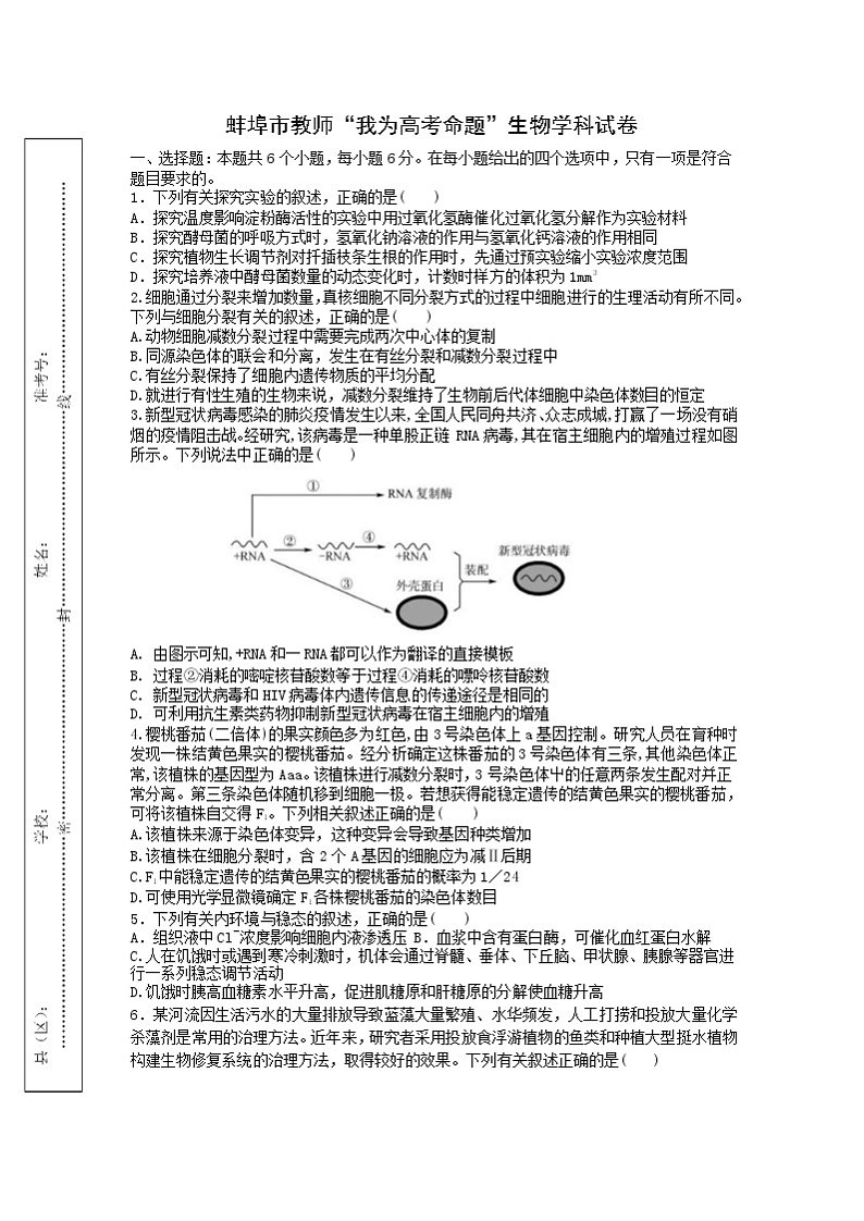 安徽省蚌埠市教师2020届高三仿真模拟生物试题（蚌埠二中3）01