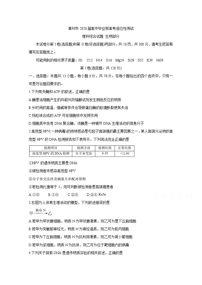 福建省漳州市2020届高三高考适应性测试 生物第1页