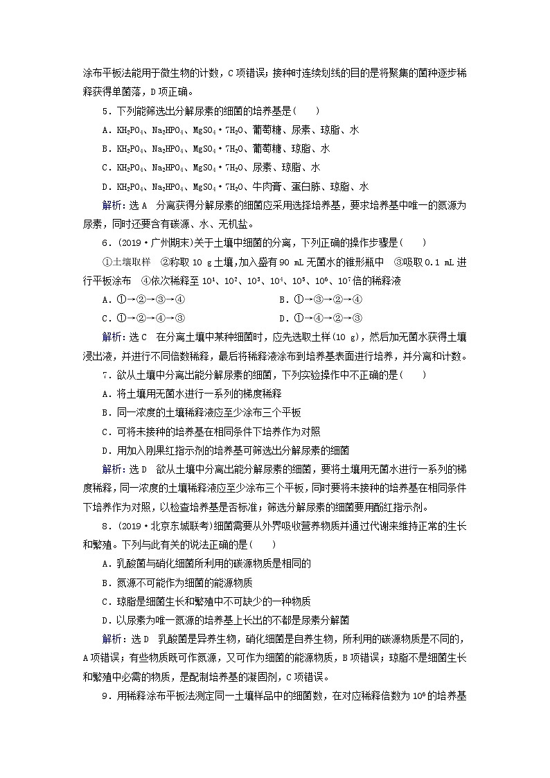 2019_2020学年高中生物专题2微生物的培养与应用课题2土壤中分解尿素的细菌的分离与计数精练（含解析）新人教版选修1第2页