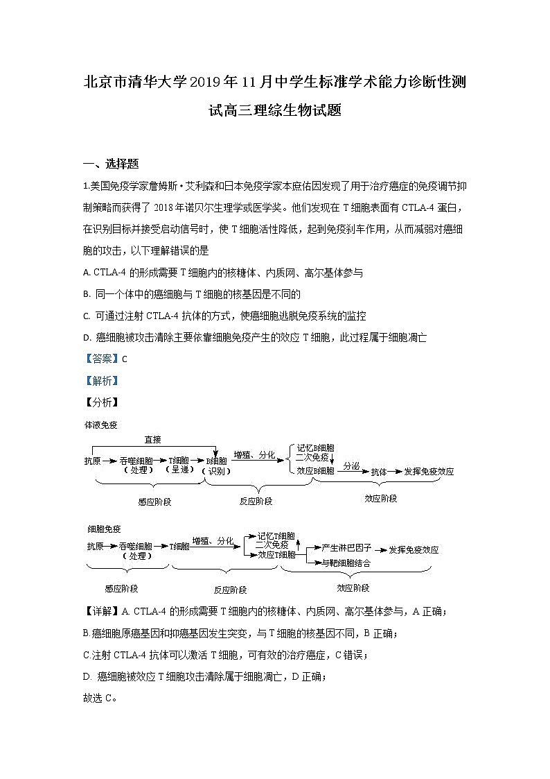 北京市2020届高三上学期11月中学生标准学术能力诊断性测试生物试题01