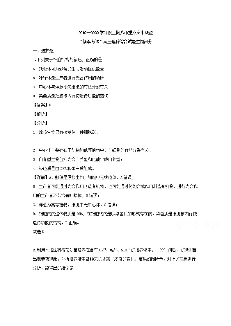 河南省八市重点高中联盟2020届高三9月“领军考试”理综生物试题01