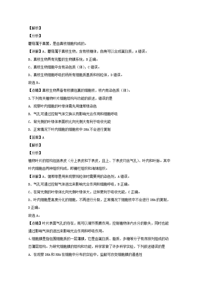 河南省九师联盟2020届高三11月质量检测生物试题02