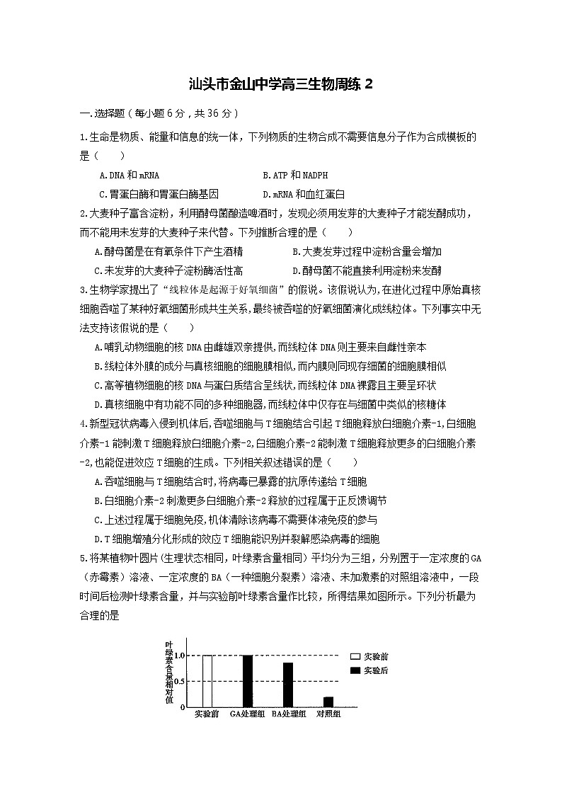 广东省汕头市金山中学2020届高三下学期生物周练201