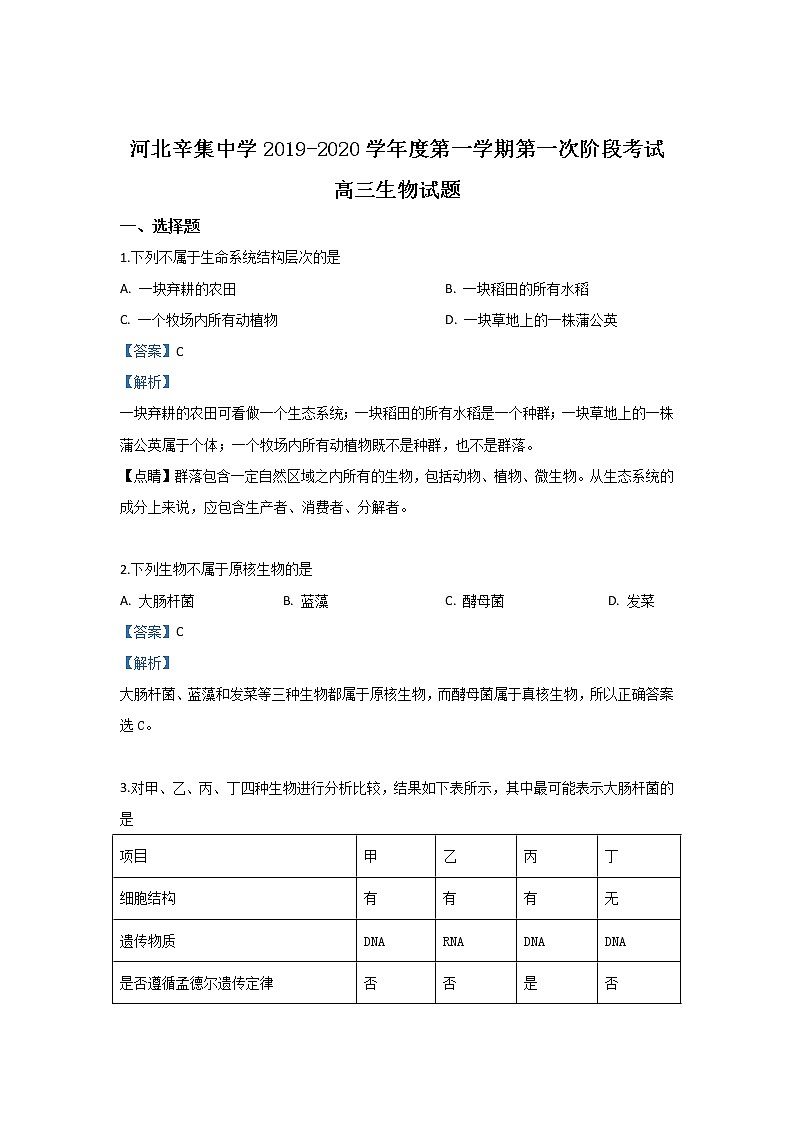 河北省石家庄市辛集中学2020届高三上学期期初生物试题第1页
