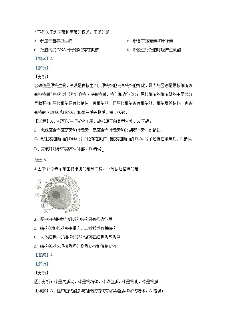 陕西省安康市2020届高三上学期教学质量检测生物试题02