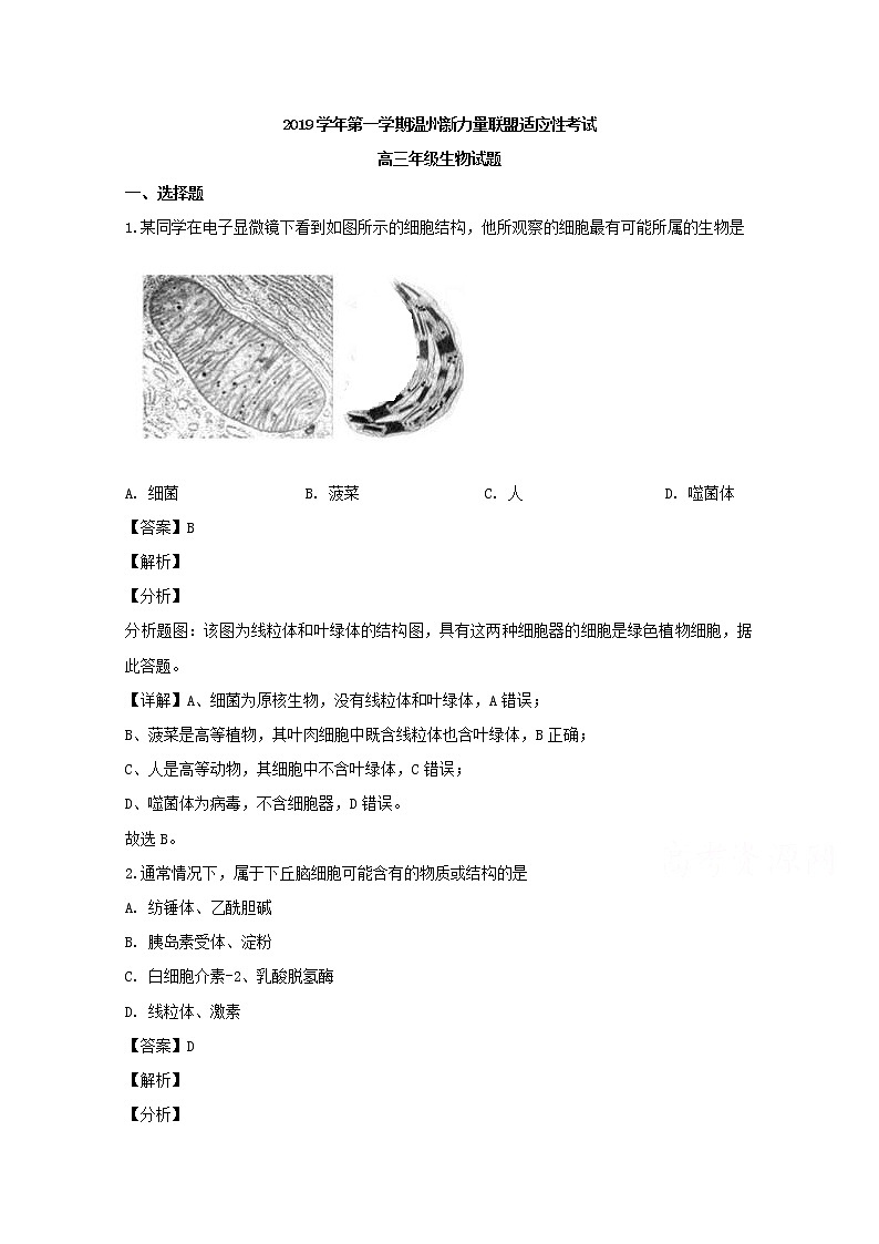 浙江省温州市新力量联盟2020届高三上学期适应性考试生物试题01