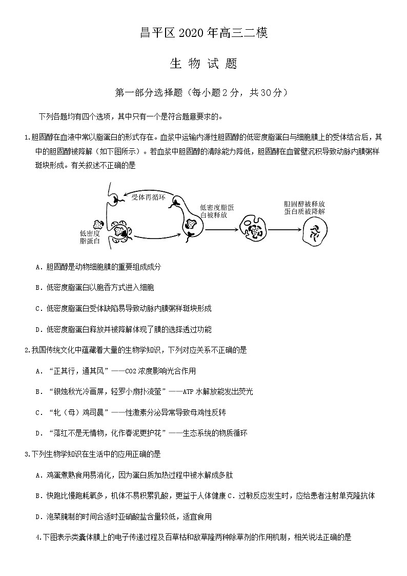北京市昌平区2020届高三下学期统一练习生物试题01