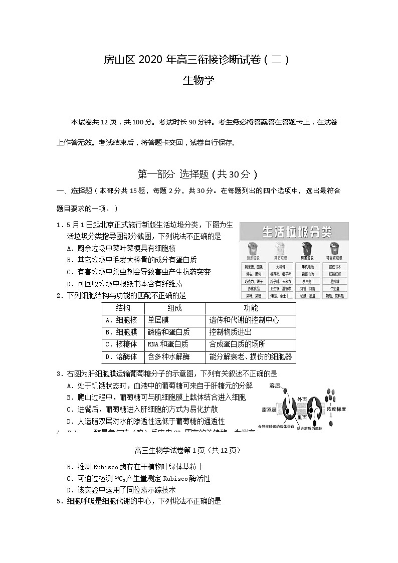 北京市房山区2020届高三下学期衔接诊断测试（二）生物试题 Word含答案01