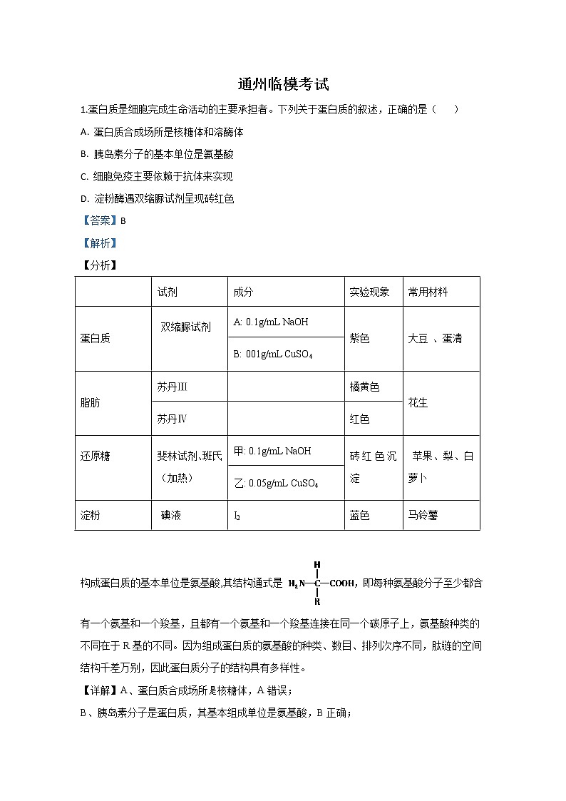 北京市通州区2020届高三下学期临模考试生物试题01