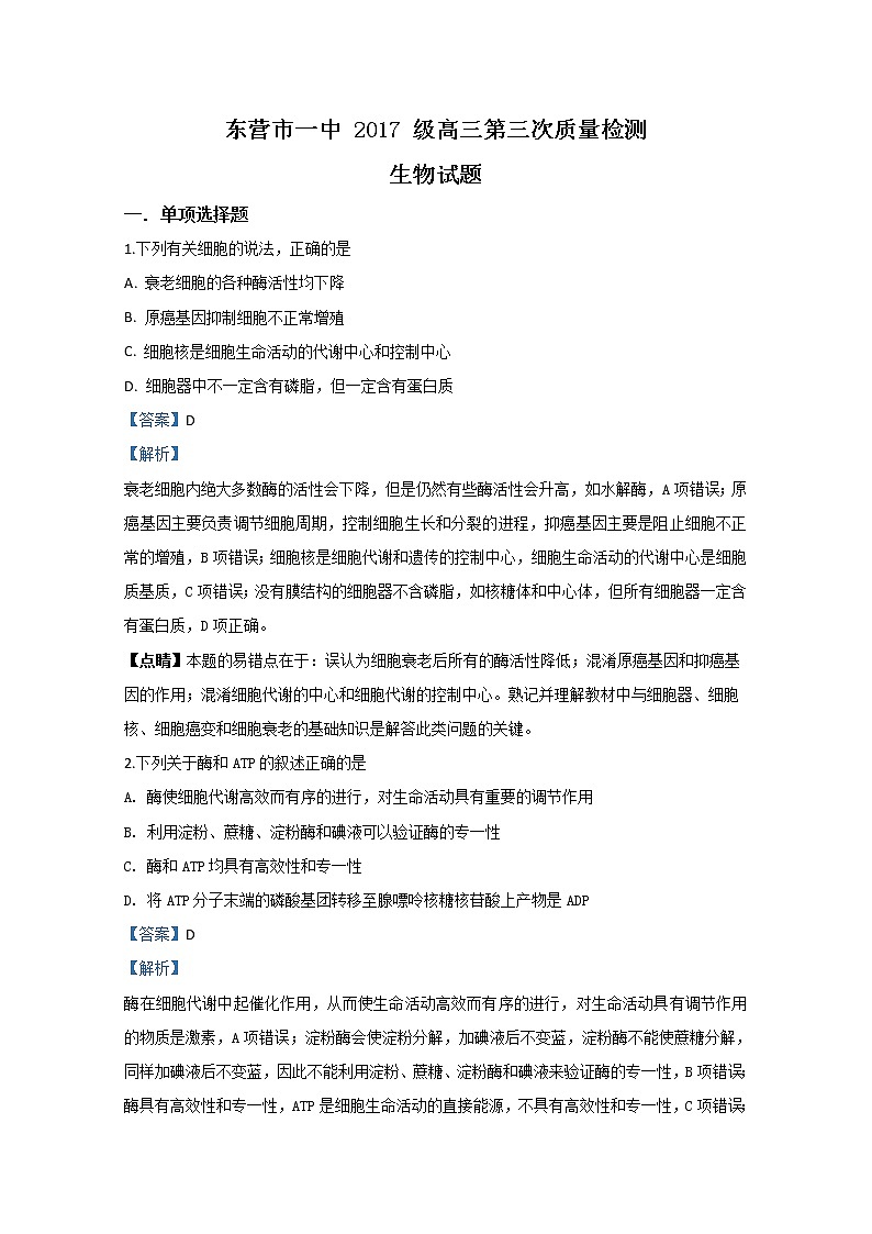 山东省东营市一中2020届高三下学期第三次质量检测生物试题01