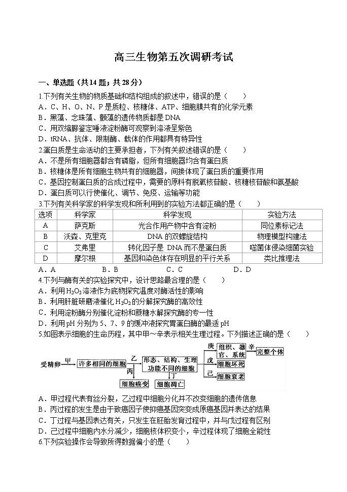 山东省平邑一中2020届高三下学期第五次调研考试生物试题01