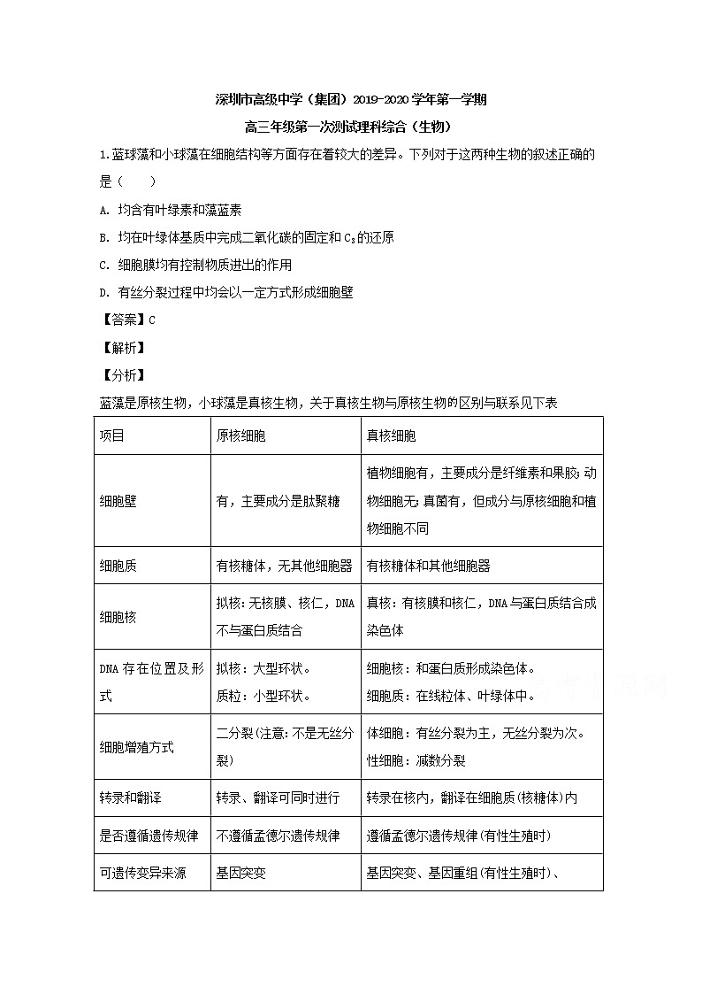 广东省深圳市高级中学2020届高三上学期第一次测试生物试题第1页
