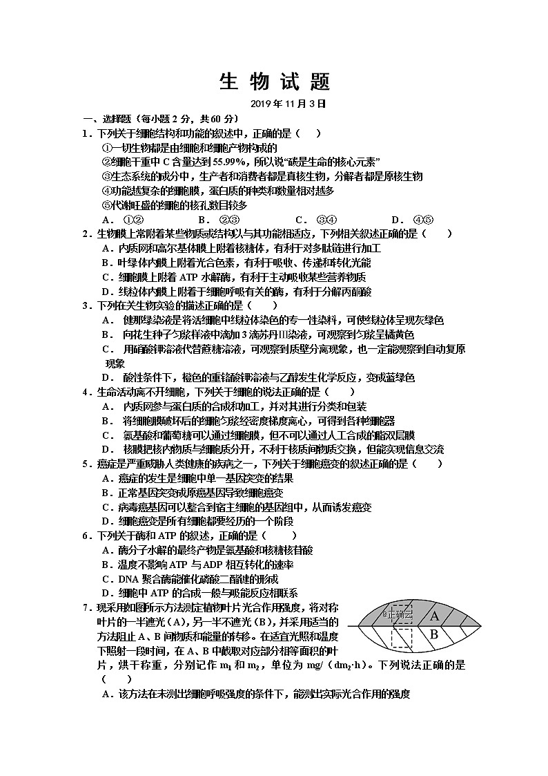 河南省驻马店市正阳县高级中学2020届高三上学期素质检测高三生物01