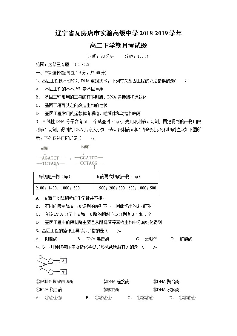 【生物】辽宁省瓦房店市实验高级中学2018-2019学年高二下学期月考试题第1页