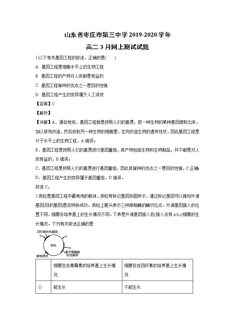【生物】山东省枣庄市第三中学2019-2020学年高二3月网上测试试题（解析版）第1页